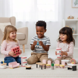 Wooden Dollhouse Furniture Set with 4 Dolls