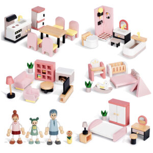 Wooden Dollhouse Furniture Set with Dolls