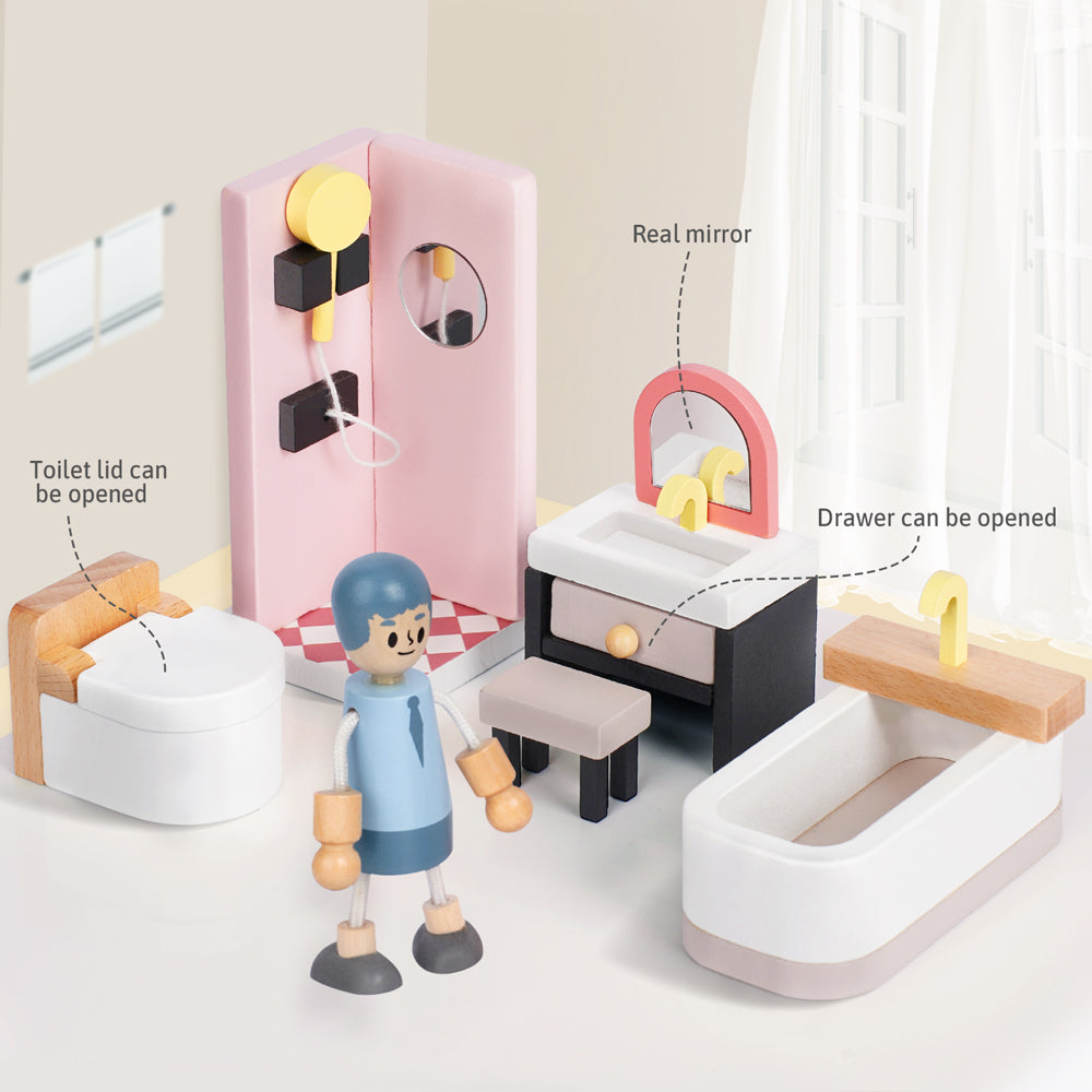 Wooden Dollhouse Furniture Set with Dolls - Image 4