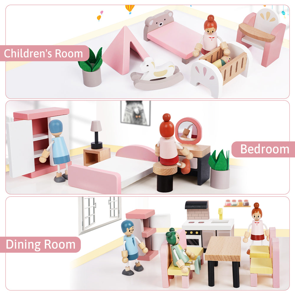 Wooden Dollhouse Furniture Set with Dolls - Image 3