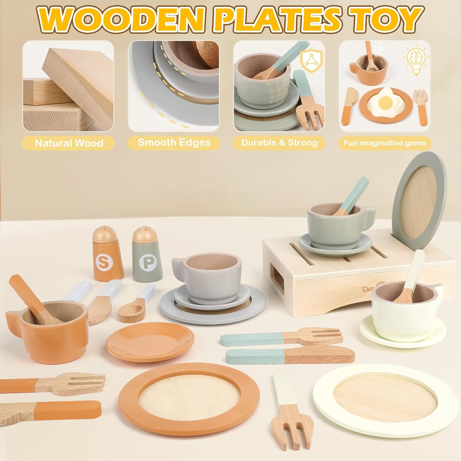 Wooden Kitchen Dishware Set for Kids - Image 2